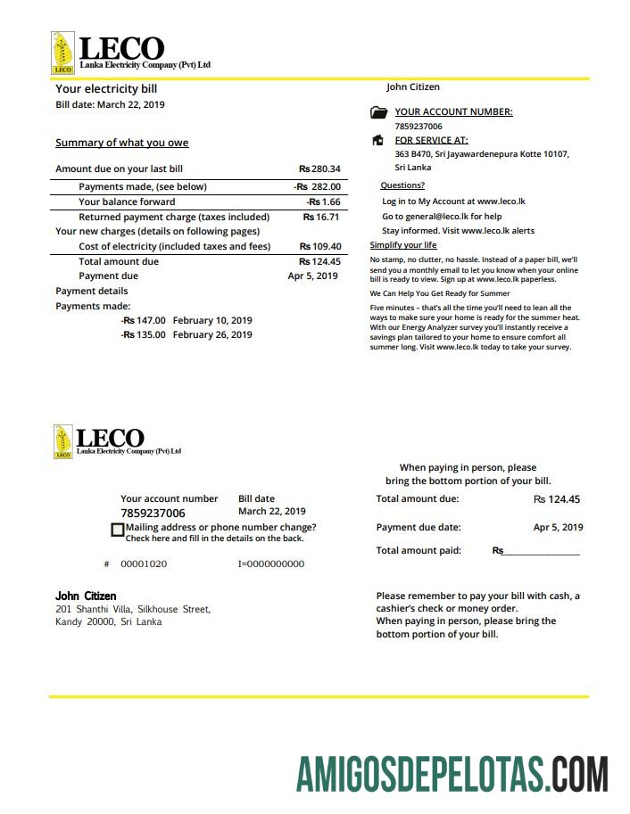 Em branco modelo de conta de serviços públicos de eletricidade da empresa LECO do Sri Lanka em formato Word e PDF